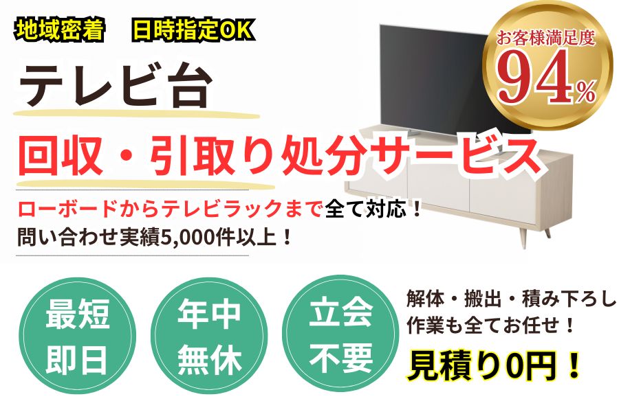 地域密着テレビ台回収 最短即日 最短30分で回収 見積り0円 お客様満足度94% お急ぎ回収対応 実績5000件 選ばれて10年 万一のトラブルにも安心の賠償保険加入済 明瞭会計・テレビ台回収2000円〜 年中無休 最短即日 面倒な搬出作業全てお任せ 〜まで対応 見積無料