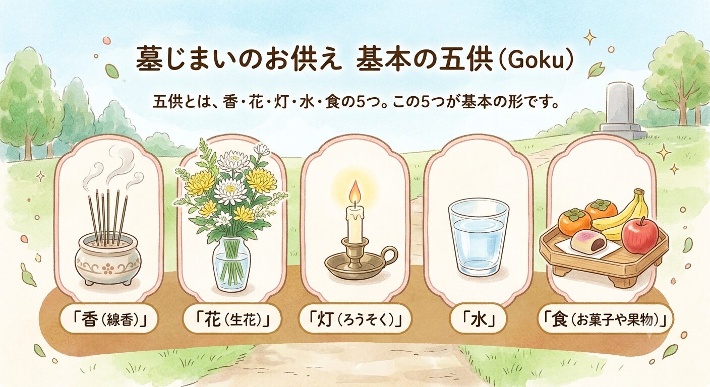 墓じまいのお供えは五供（香・花・灯・水・食）の5つが基本であることを示した図解イラスト