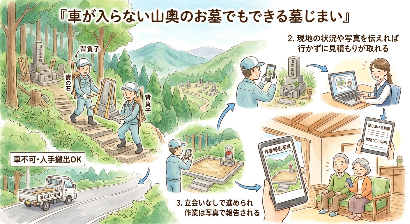 車が入らない山奥のお墓でも対応できる業者があり立会いなし・写真報告で墓じまいができることを示した図解