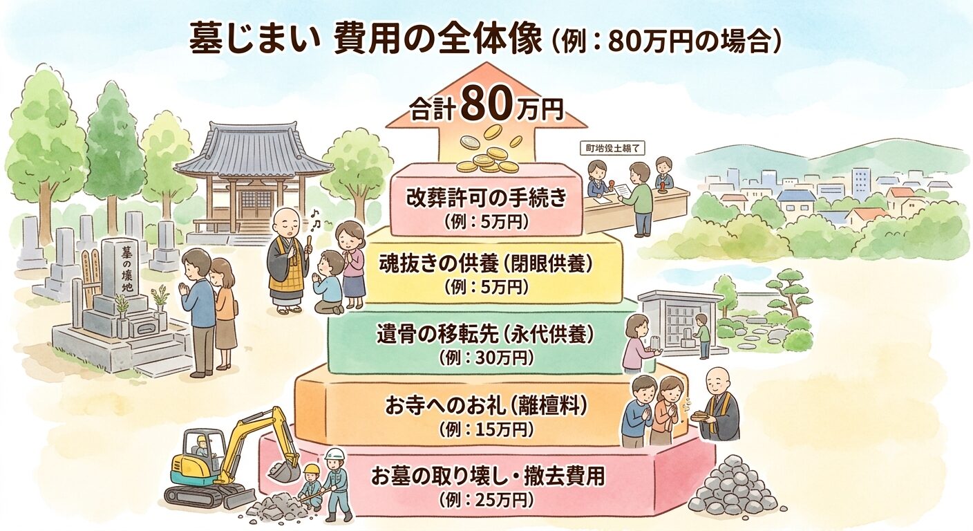 墓じまいの費用はお墓の取り壊し・お寺へのお礼(離檀料)・遺骨の移転先(永代供養)・改葬許可など複数の項目の合計で、例として80万円になる場合を示した図解イラスト