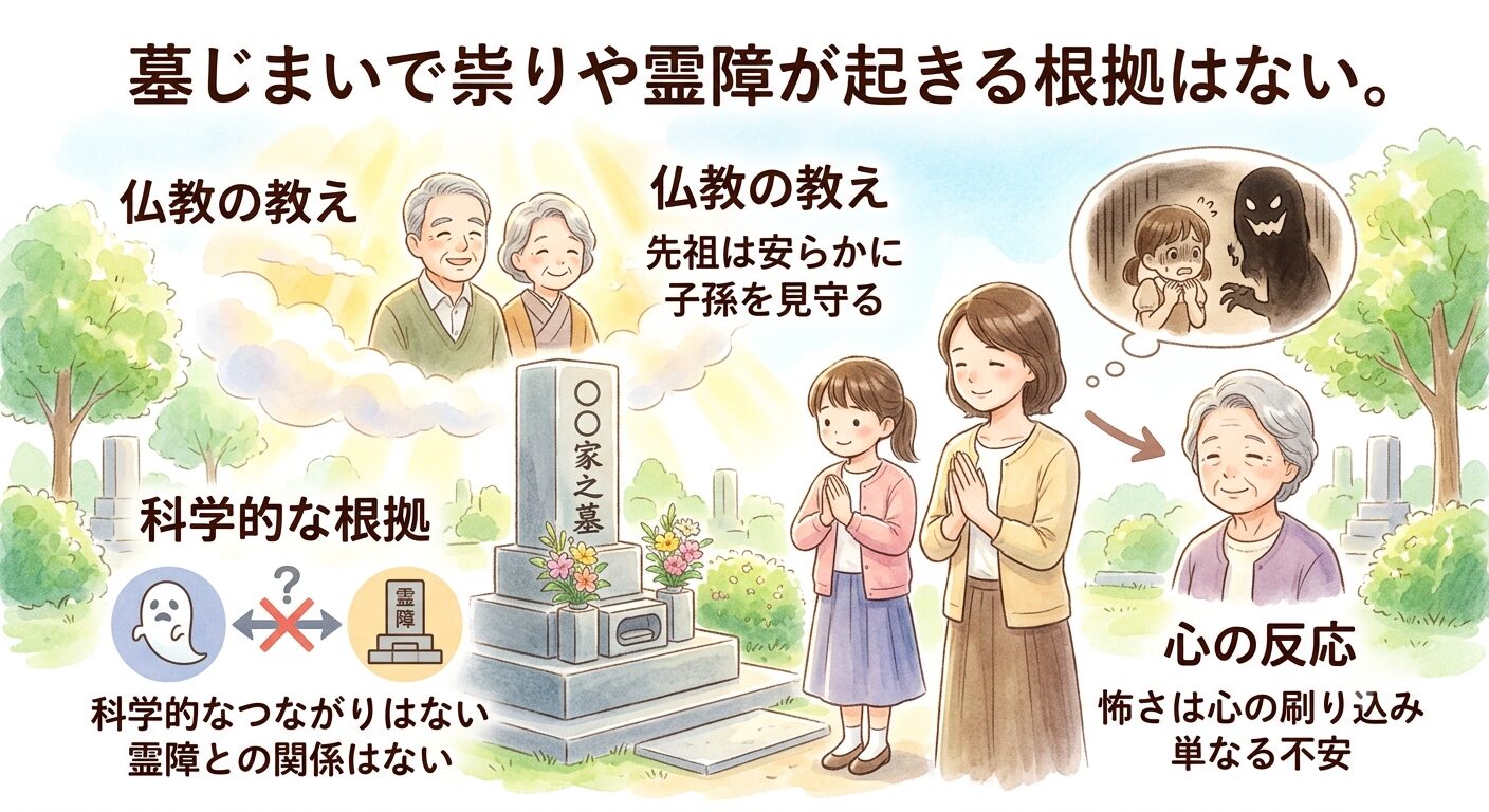 墓じまいで祟りや霊障が起きる根拠はないと伝えるイラスト