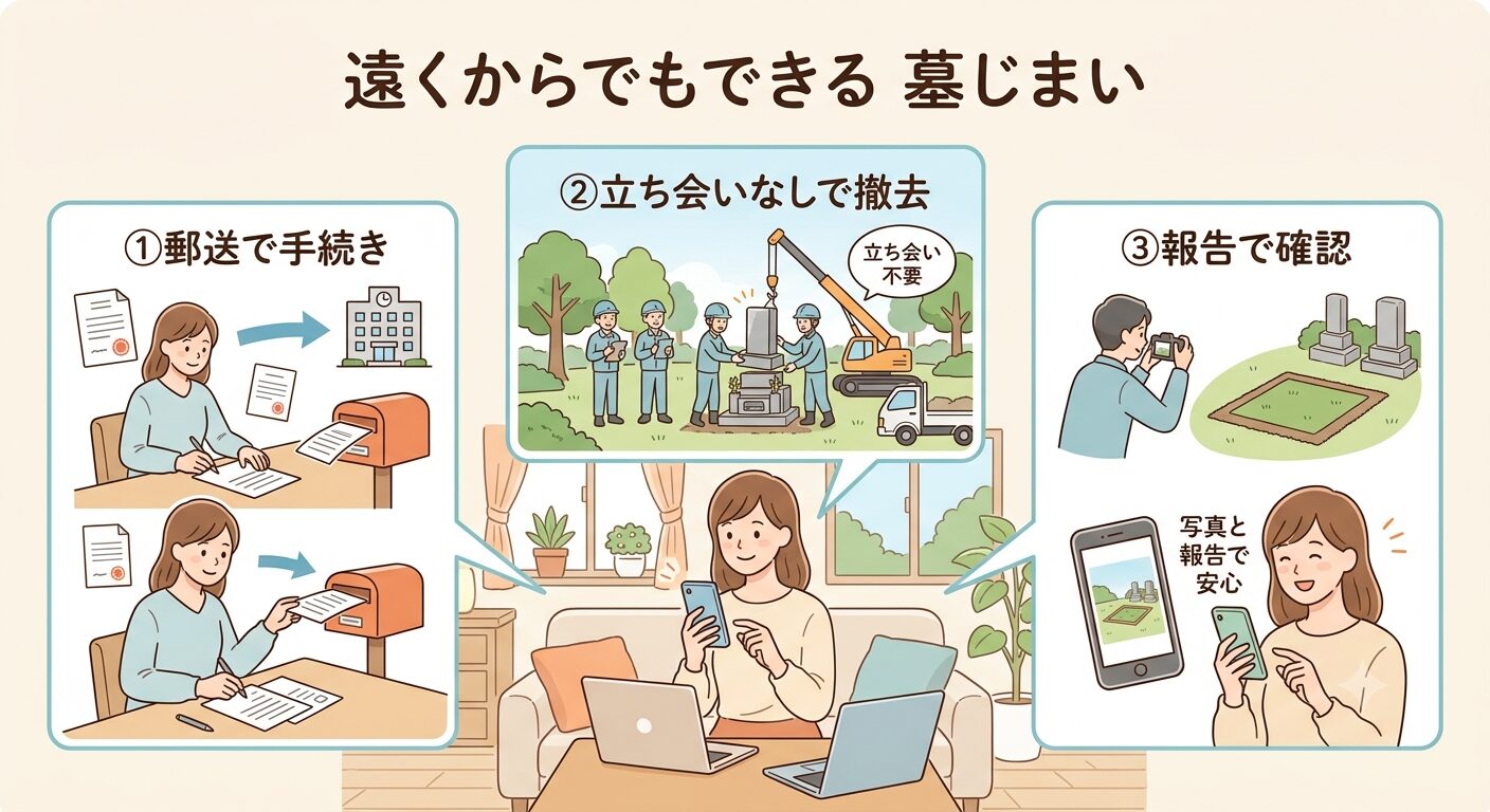 遠方でも郵送・電話・代行で墓じまいは完結できると伝えるイラスト