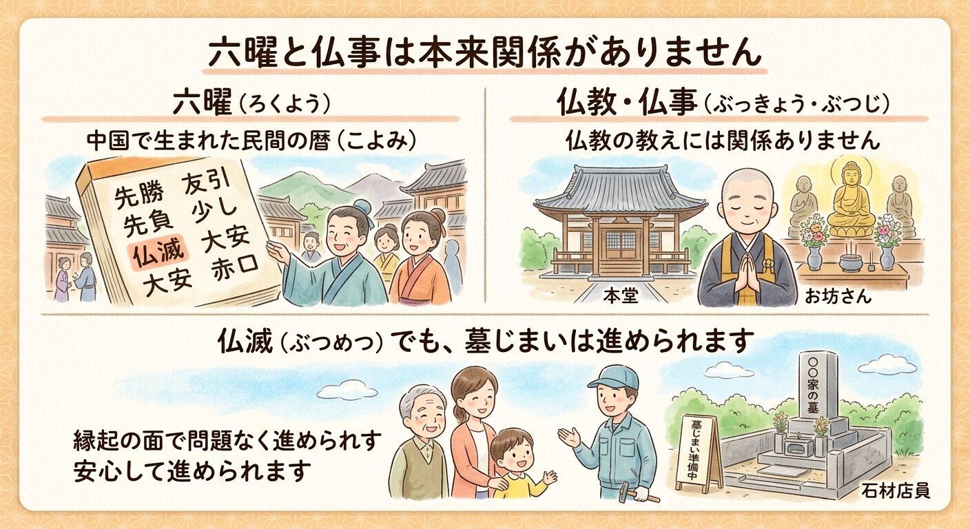 六曜と仏事は本来関係がないと伝えるイラスト