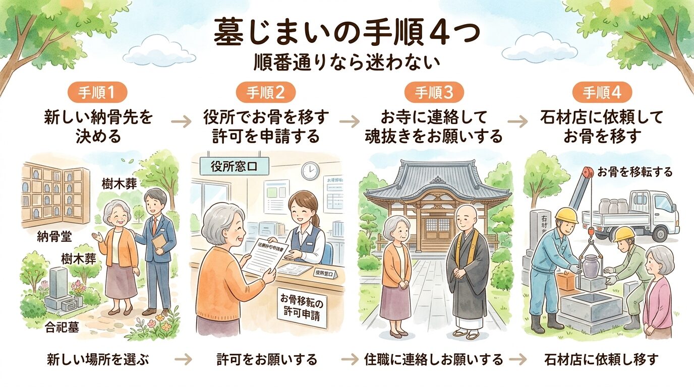 墓じまいの手順は4つで順番通りなら迷わないと伝えるイラスト