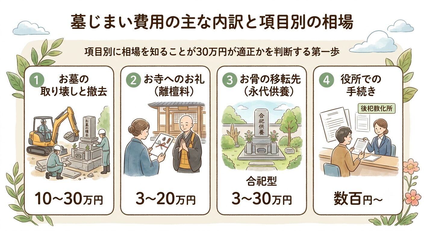 墓じまい費用はお墓の取り壊しと撤去・お寺へのお礼（離檀料）・お骨の移転先（永代供養）・役所での手続きの4つの柱で構成され項目別に相場があることを示した図解イラスト