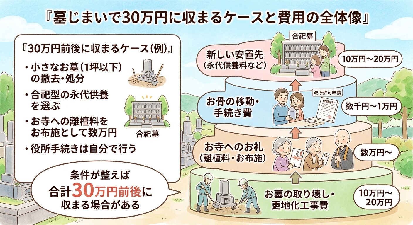 墓じまいの費用はお墓の取り壊し・お寺へのお礼（離檀料）・お骨の移転先（永代供養）・手続きの合計で、条件が整えば30万円前後に収まる場合があることを示した図解イラスト