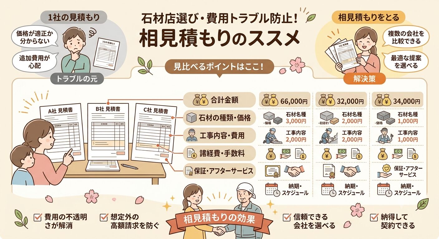 石材店と費用のトラブルを相見積もりで防ぐ流れを示した図解