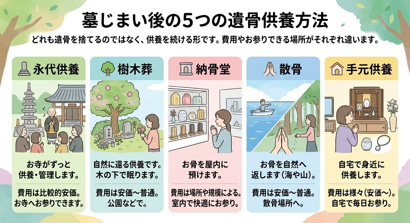 墓じまい後の遺骨供養には永代供養・樹木葬・納骨堂・散骨・手元供養の5つの方法があると伝えるイラスト