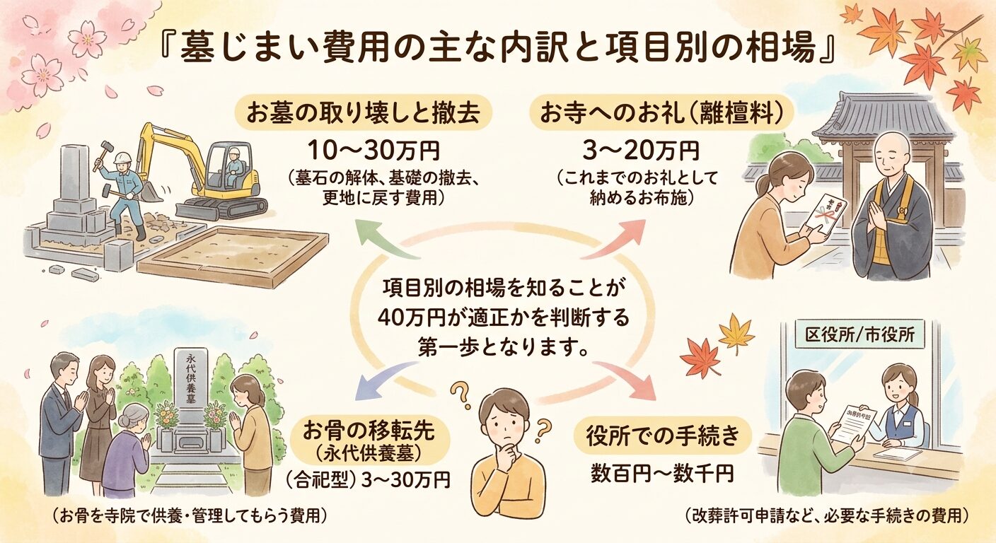 墓じまい費用はお墓の取り壊しと撤去・お寺へのお礼（離檀料）・お骨の移転先（永代供養）・役所での手続きの4つの柱で構成され項目別に相場があることを示した図解イラスト