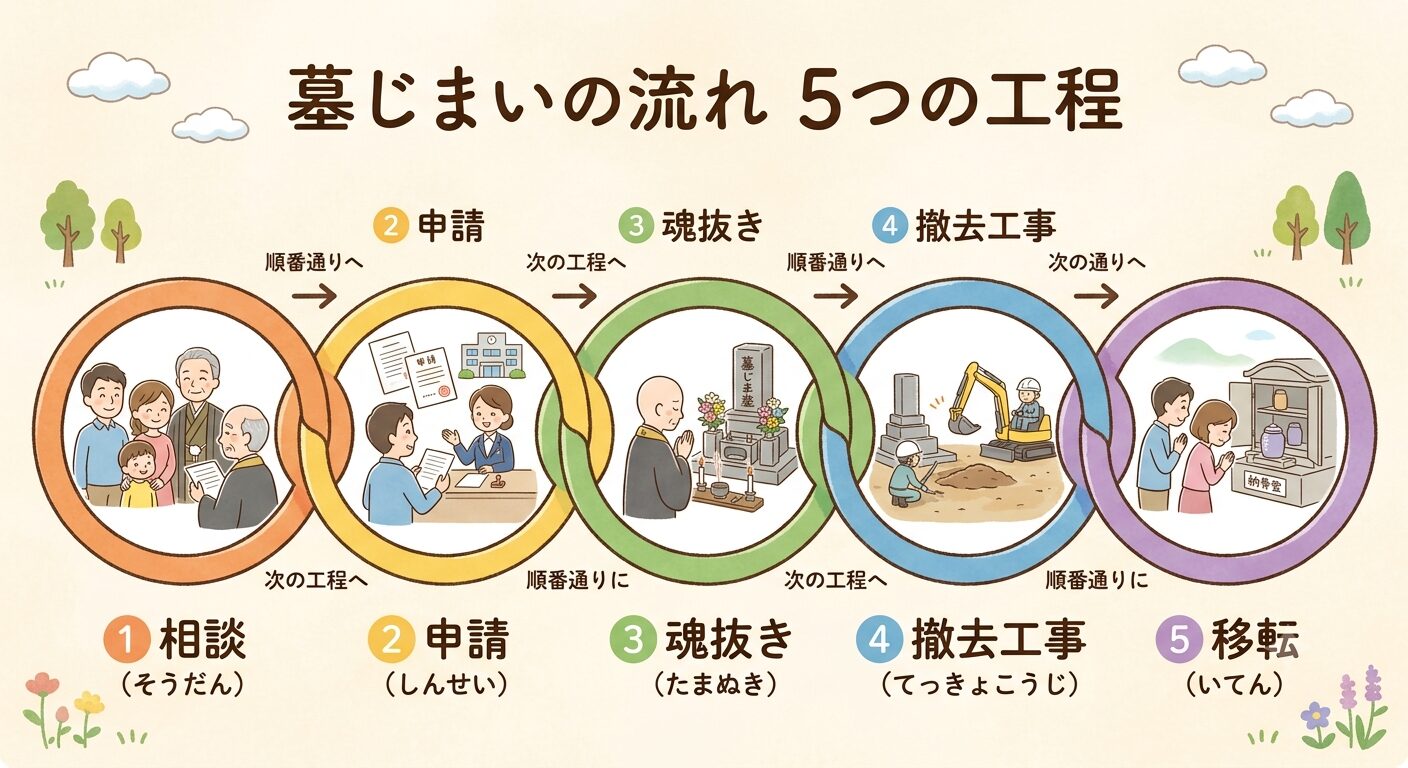 墓じまいの工程は相談・申請・魂抜き・撤去工事・移転の5つが順番につながると伝えるイラスト