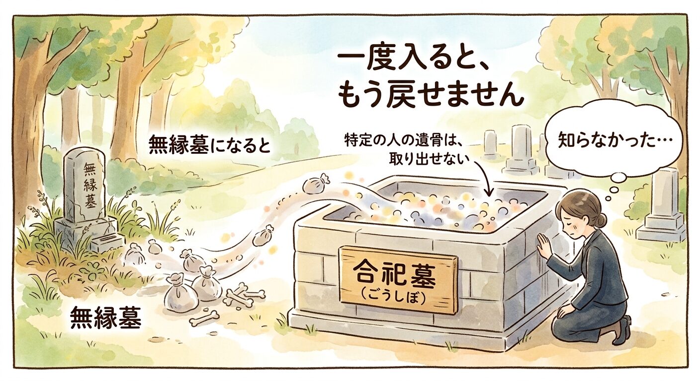 無縁墓になると遺骨は個別に取り出せなくなることを伝えるイラスト