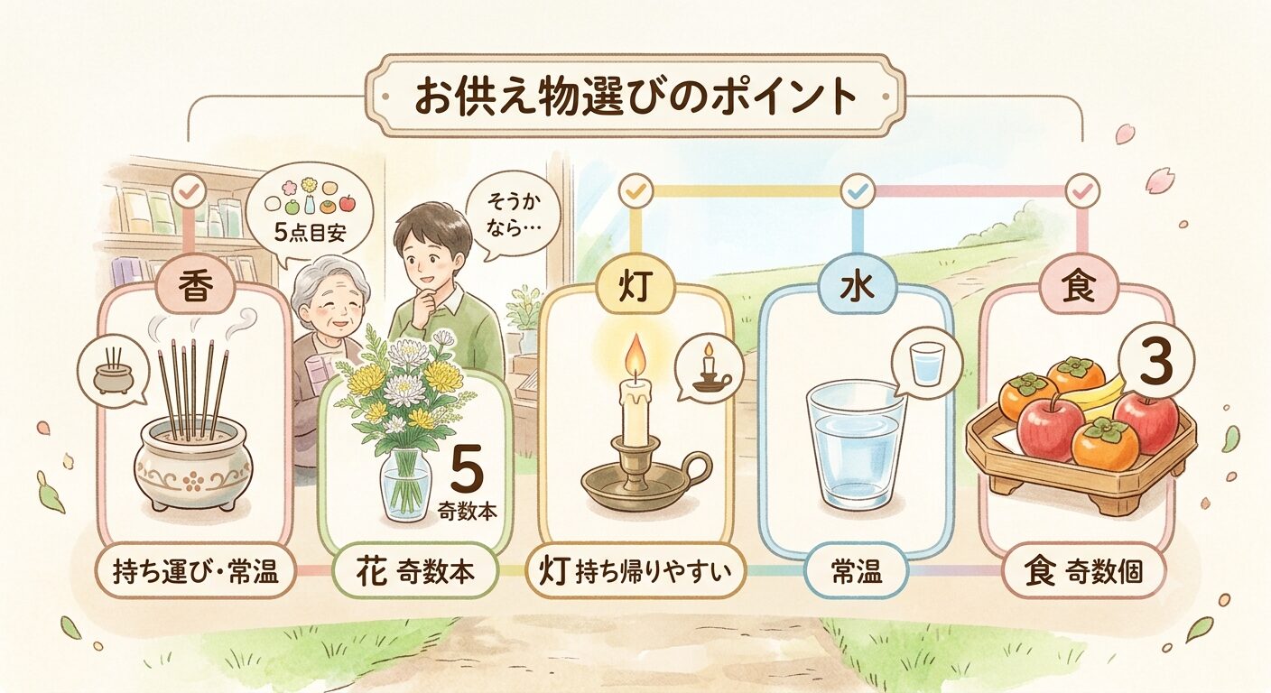 墓じまいのお供えは線香・花・ろうそく・水・お菓子か果物の5点を基準に選ぶことを示した図解イラスト
