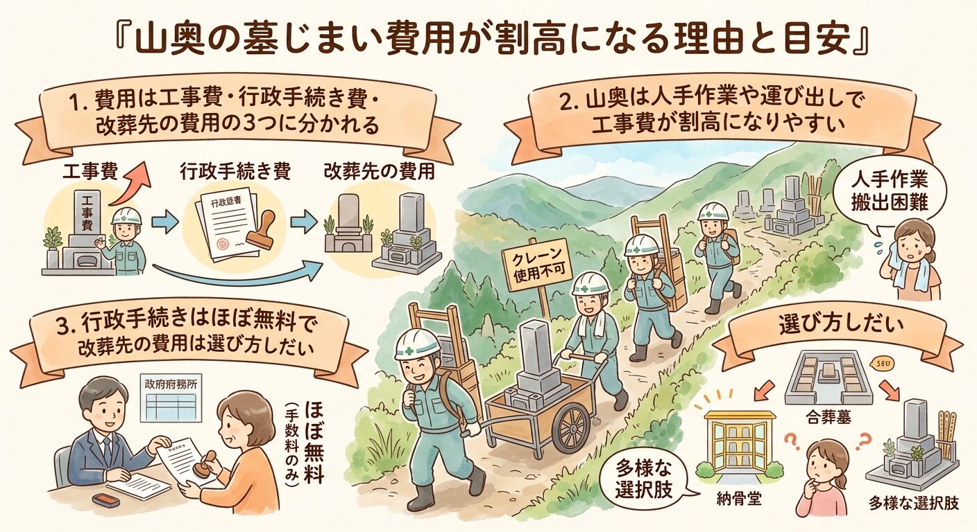 山奥の墓じまい費用が工事費・行政手続き費・お骨の移し先の費用の3つに分かれ山奥は工事費が割高になりやすいことを示した図解