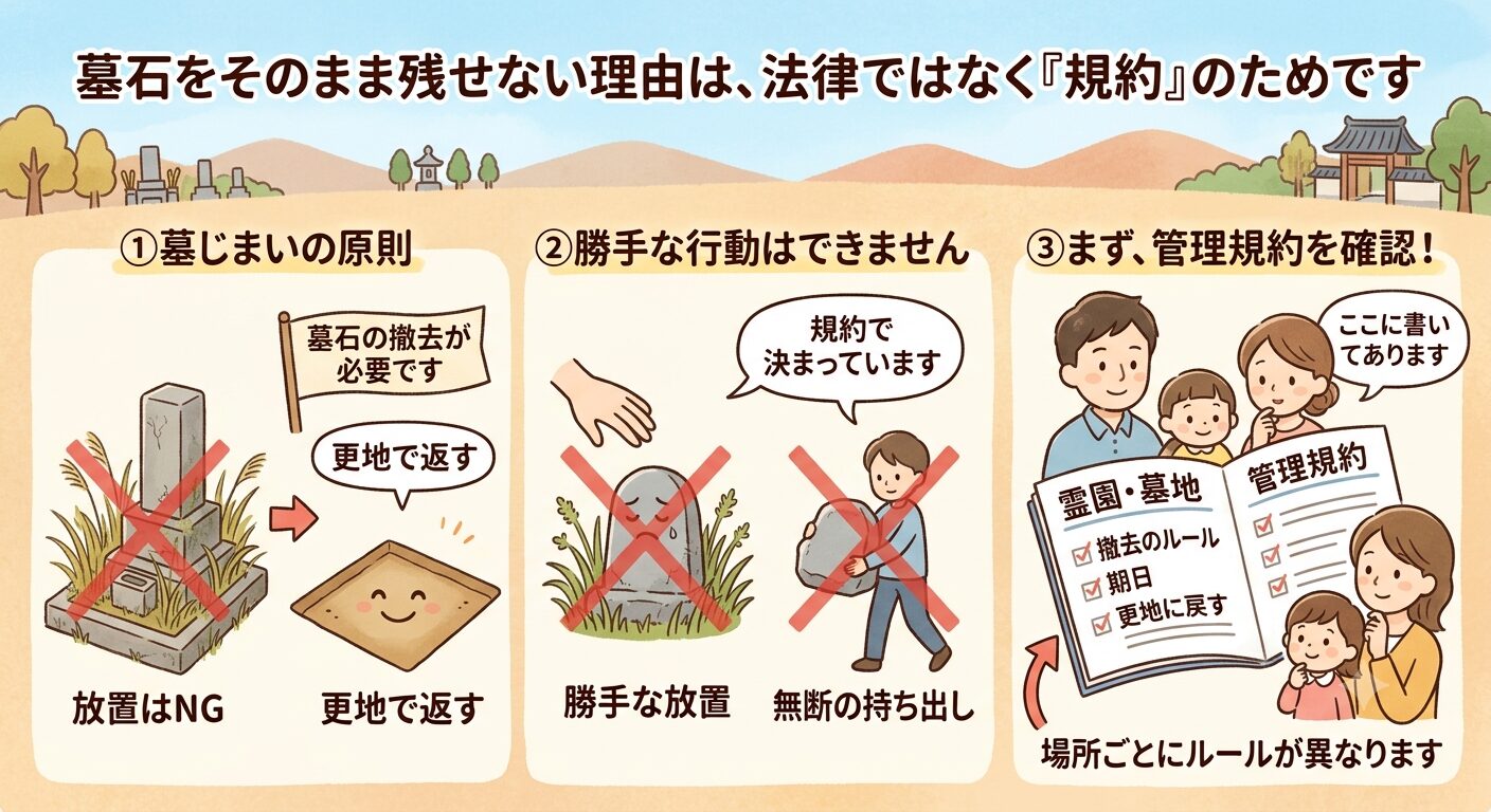 墓石をそのまま残せないのは法律でなく規約のためと伝えるイラスト