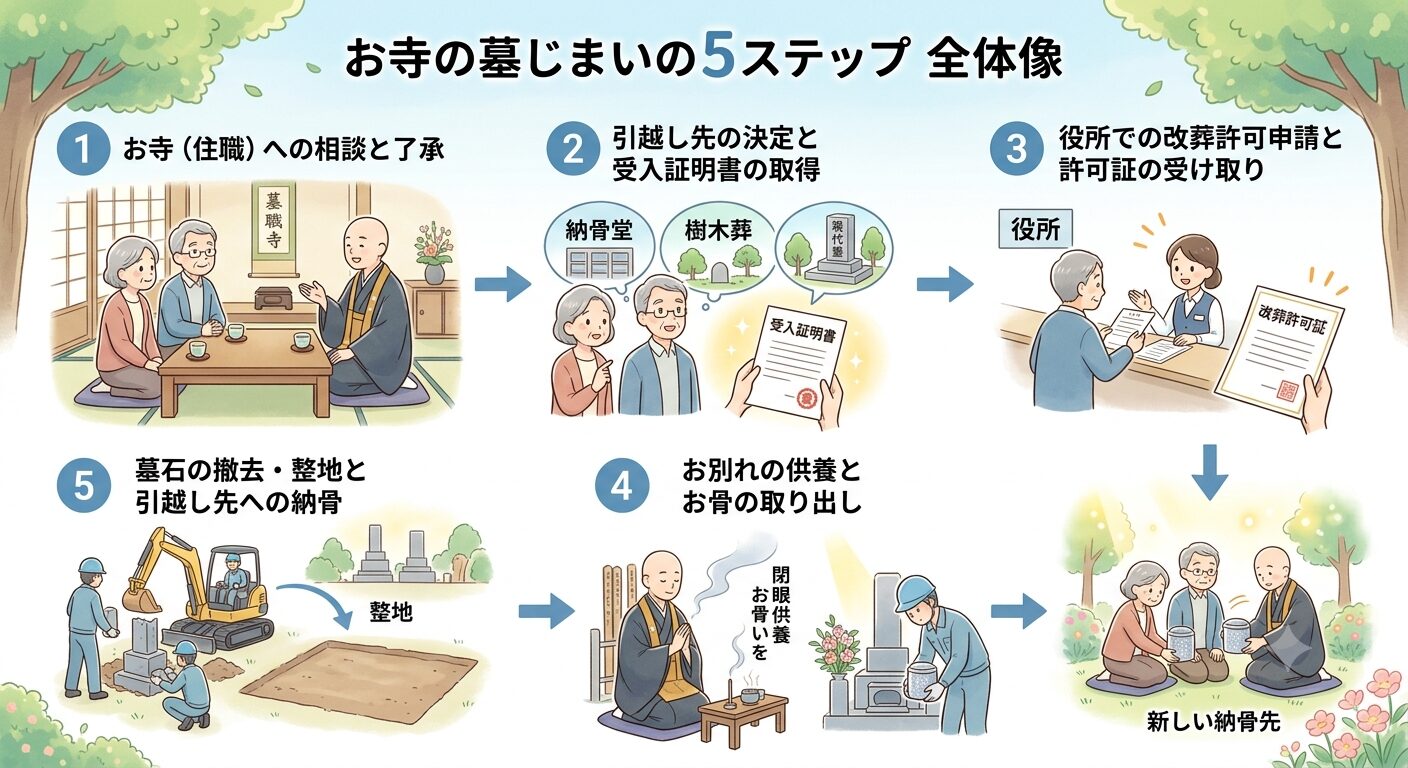 お寺の墓じまいを終える5つのステップ（相談・引越し先決定・改葬許可申請・お別れの供養・墓石撤去と納骨）の流れを示した図解イラスト