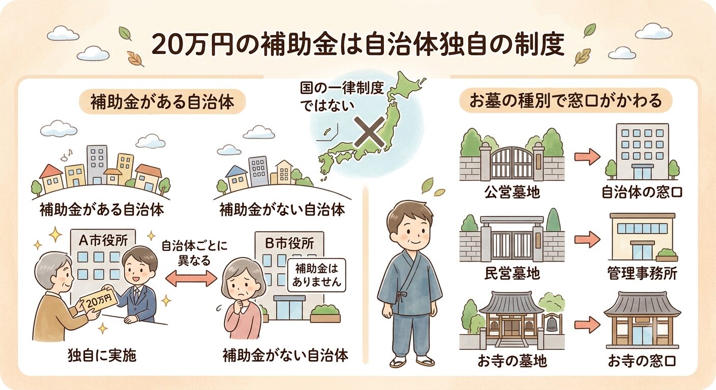 墓じまいの20万円の補助金は国の一律制度ではなく自治体ごとに異なり、お墓の種別によって確認する窓口が変わることを示した図解イラスト