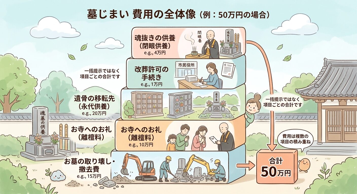 墓じまいの費用はお墓の取り壊し・お寺へのお礼(離檀料)・遺骨の移転先(永代供養)・改葬許可など複数の項目の合計で、例として50万円になる場合を示した図解イラスト