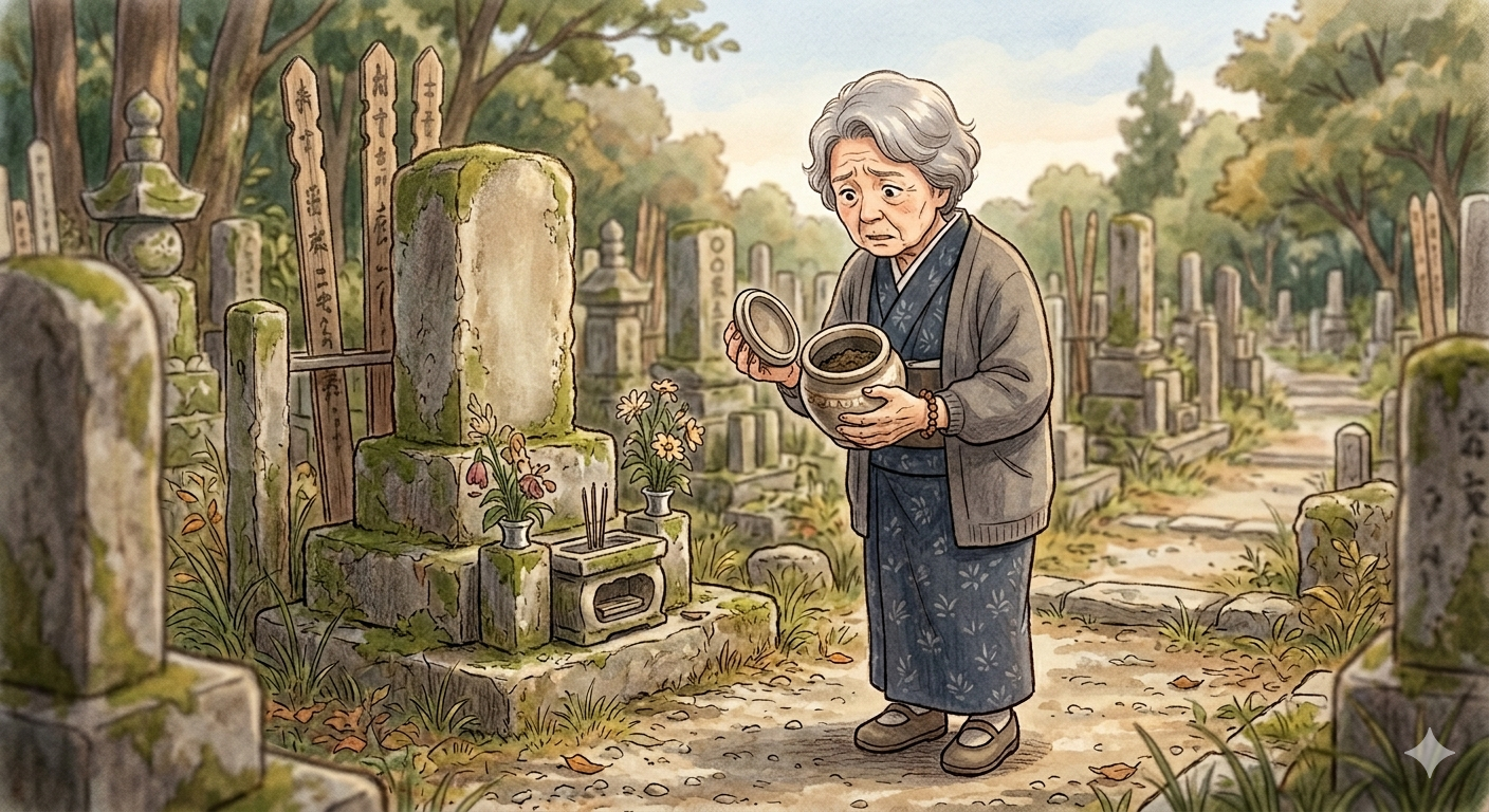 骨壷を開けたら土しか残っていなかった高齢女性がお墓の前で立ち止まっている様子のイラスト
