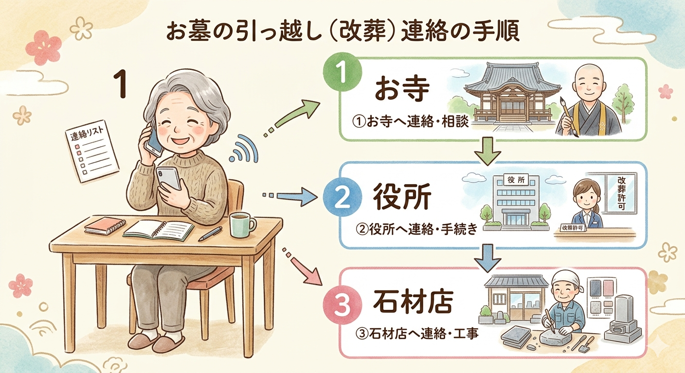 お寺・役所・石材店の3つの窓口に順番に連絡していく流れを示した図解イラスト