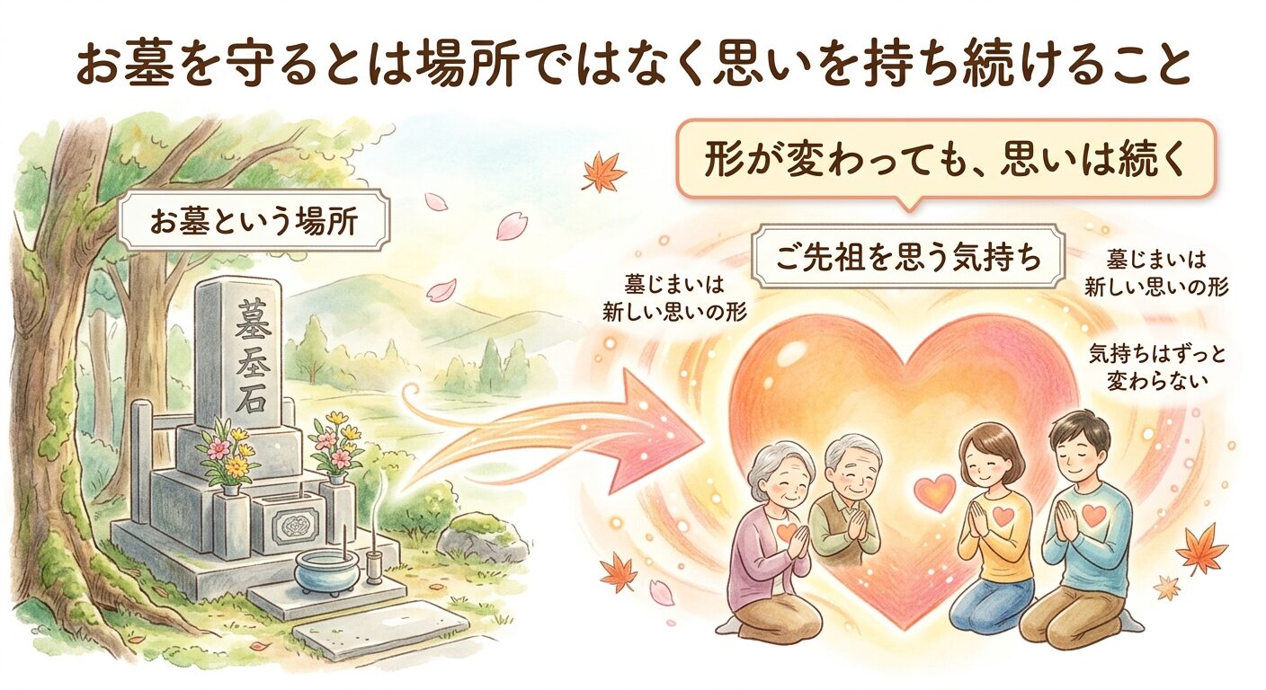 お墓の形が変わってもご先祖を思う気持ちは続くと伝えるイラスト