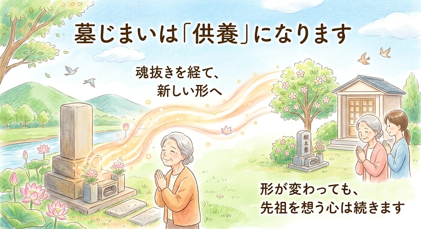 先祖代々の墓じまいは魂抜きを経て見送れば罰当たりではなく供養の一つの形として成立すると伝えるイラスト