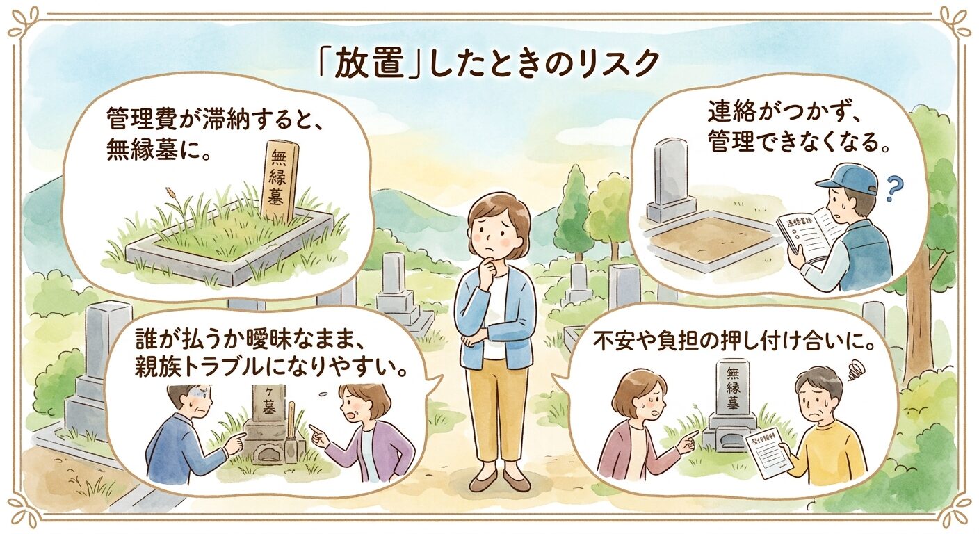墓じまいをせず放置すると無縁墓化や親族トラブルのリスクがあると伝えるイラスト
