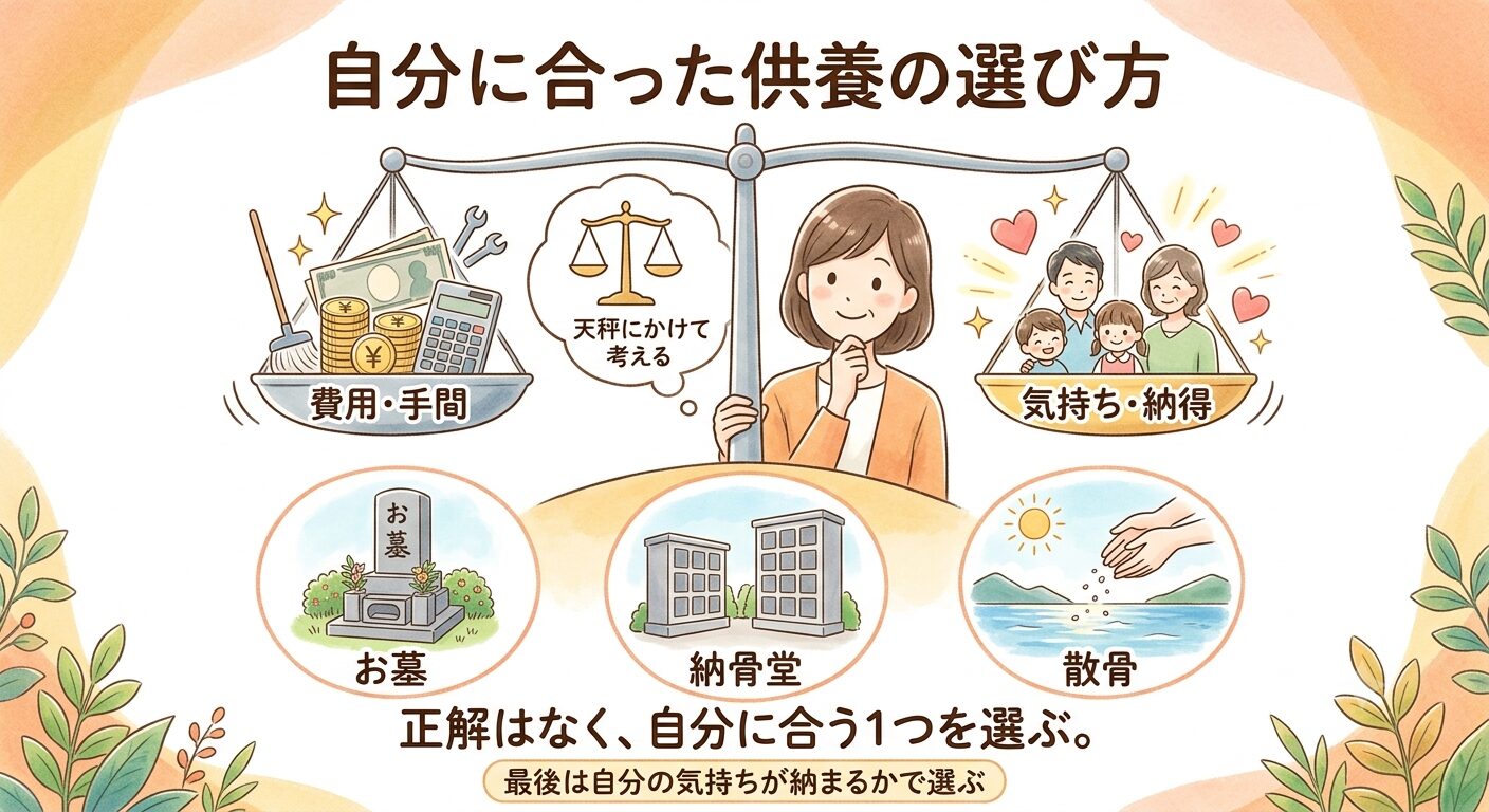 費用と気持ちの2つの軸で供養方法を選ぶことを示すイラスト