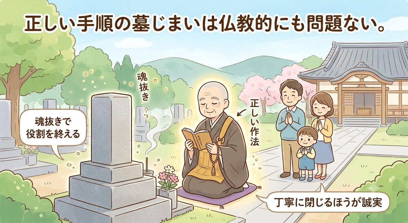 魂抜きなど正しい手順の墓じまいは仏教的にも問題ないと伝えるイラスト