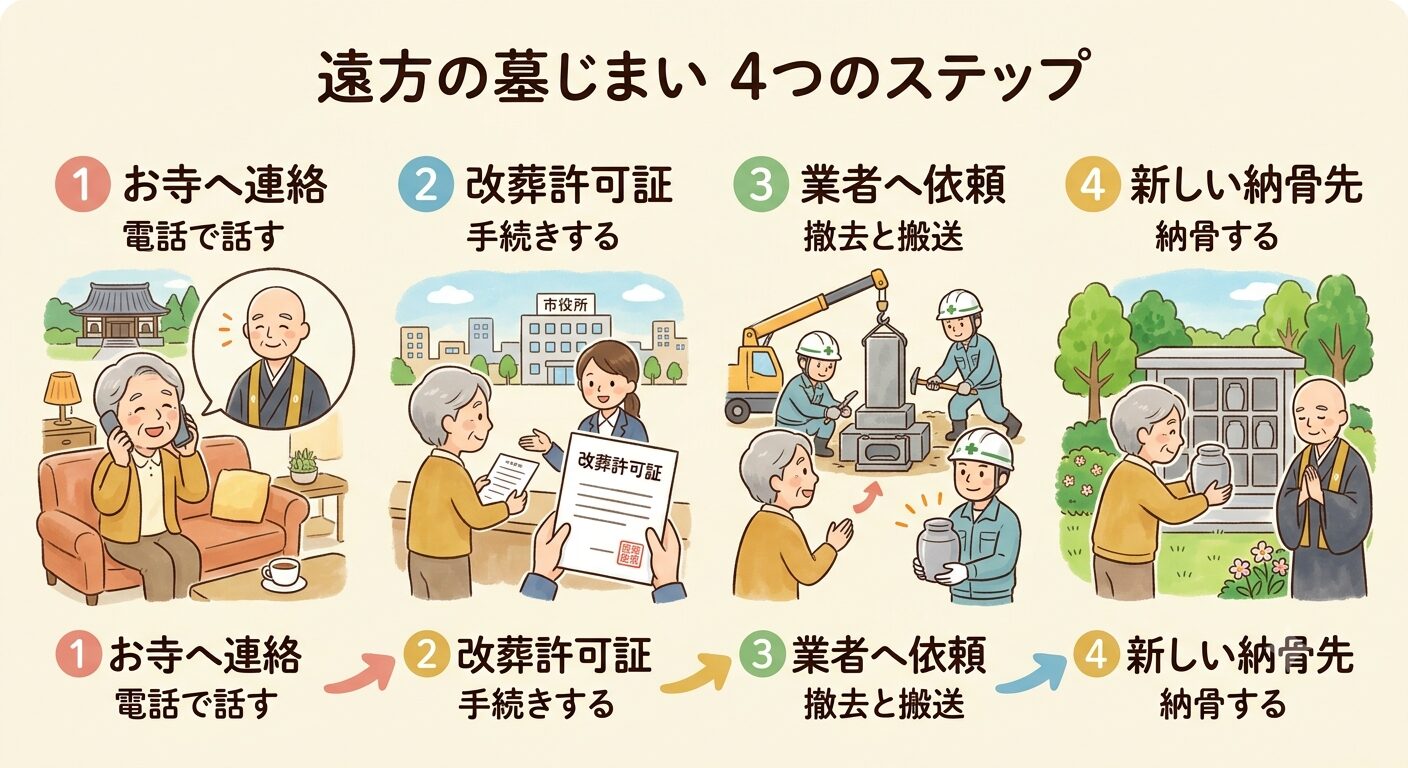 遠方の墓じまいは4つのステップで進むと伝えるイラスト
