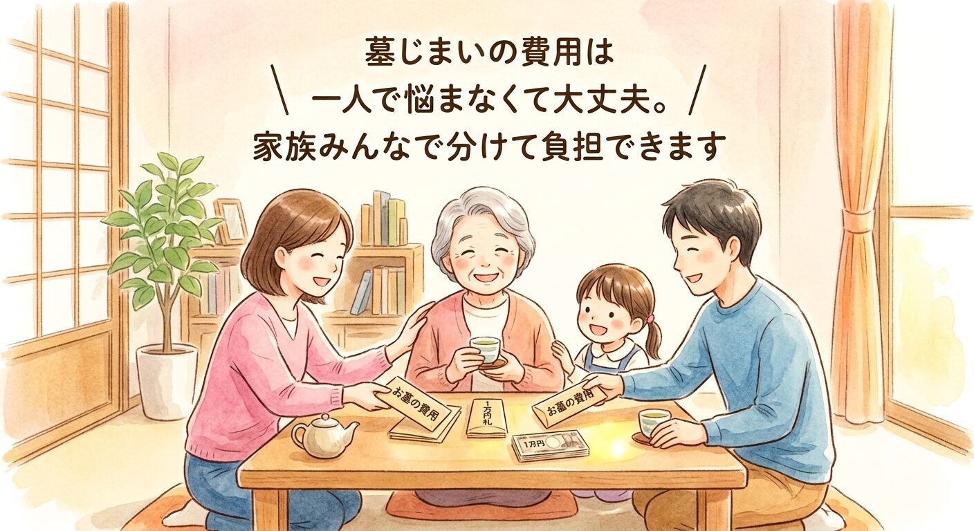 墓じまいの費用を一人で全額負担する義務はないと伝えるイラスト