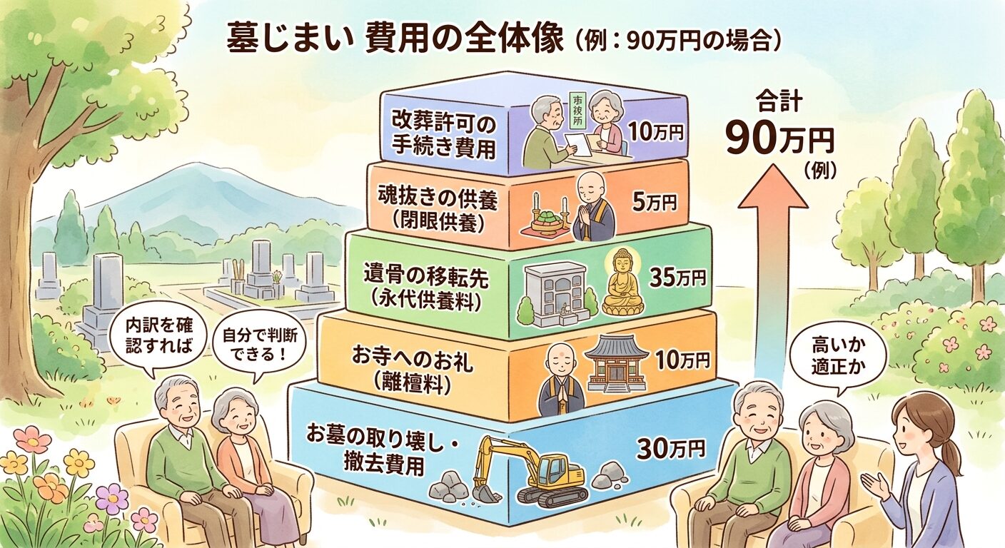 墓じまいの費用はお墓の取り壊し・お寺へのお礼(離檀料)・遺骨の移転先(永代供養)・改葬許可など複数の項目の合計で、例として90万円になる場合を示した図解イラスト