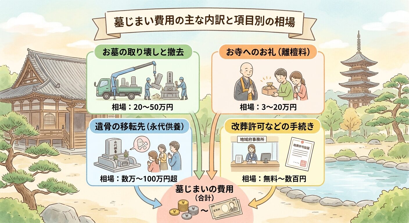 墓じまい費用はお墓の取り壊しと撤去・お寺へのお礼(離檀料)・遺骨の移転先(永代供養)・改葬許可の手続きの4つの柱で構成され項目別に相場があることを示した図解イラスト