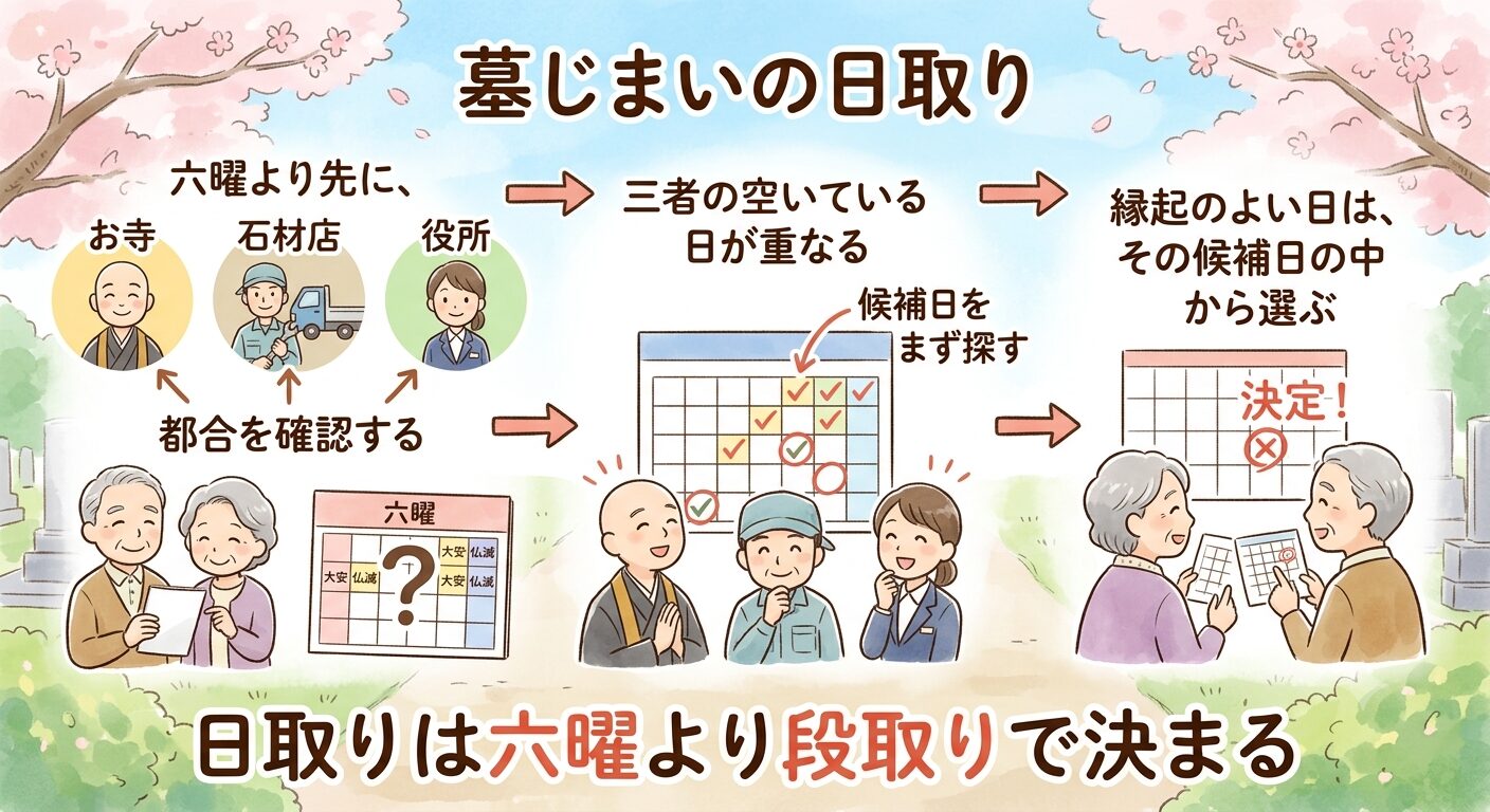 墓じまいの日取りは六曜より三者の段取りで決まると伝えるイラスト