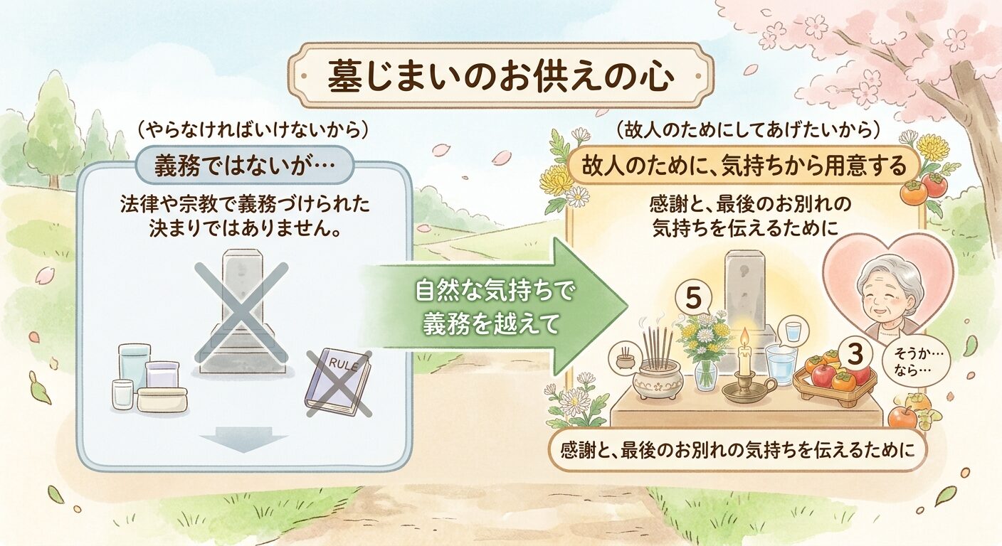 墓じまいのお供えは法律や宗教の義務ではないが、感謝と最後のお別れの気持ちから用意するのが一般的であることを示した図解イラスト