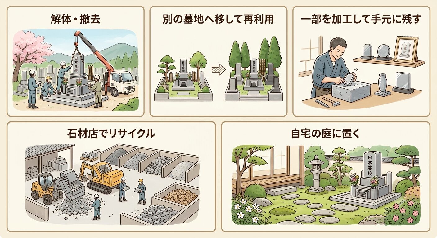 墓石の扱い方は処分を含めて5つから選べると伝えるイラスト（自宅は屋外の庭）