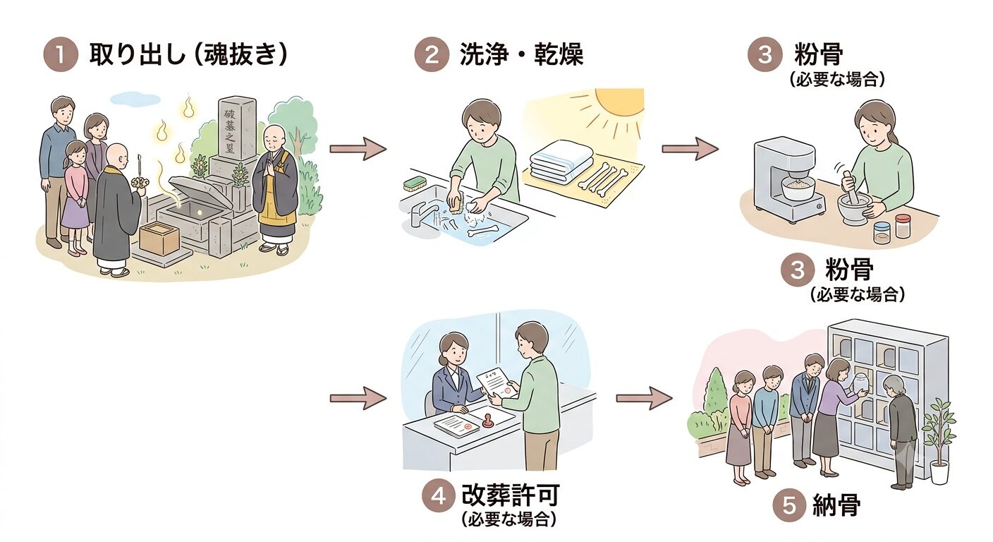 墓じまいで取り出したお骨を取り出し・洗浄・粉骨・改葬許可・納骨の5つのステップで順番に進めると伝えるイラスト