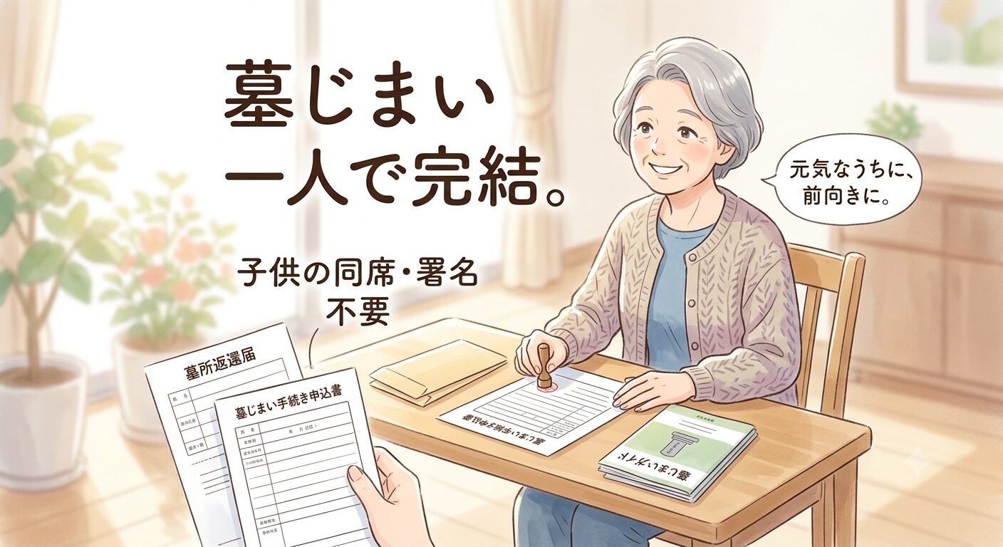 墓じまいは子供に頼らず一人で完結できると伝えるイラスト