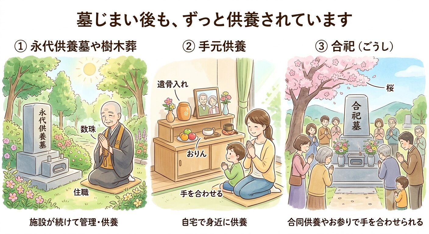 墓じまい後も遺骨が永代供養墓・手元供養・合祀の3つの方法で供養され続けると伝えるイラスト