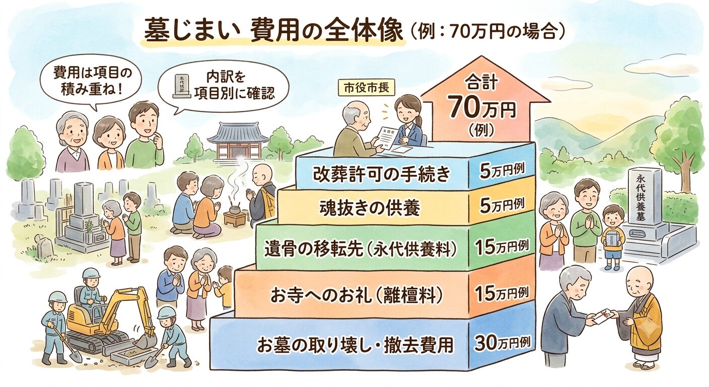墓じまいの費用はお墓の取り壊し・お寺へのお礼（離檀料）・遺骨の移転先（永代供養）・改葬許可など複数の項目の合計で、例として70万円になる場合を示した図解イラスト