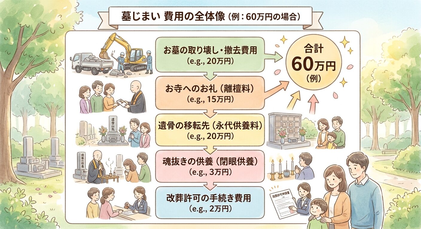 墓じまいの費用はお墓の取り壊し・お寺へのお礼(離檀料)・遺骨の移転先(永代供養)・改葬許可など複数の項目の合計で、例として60万円になる場合を示した図解イラスト