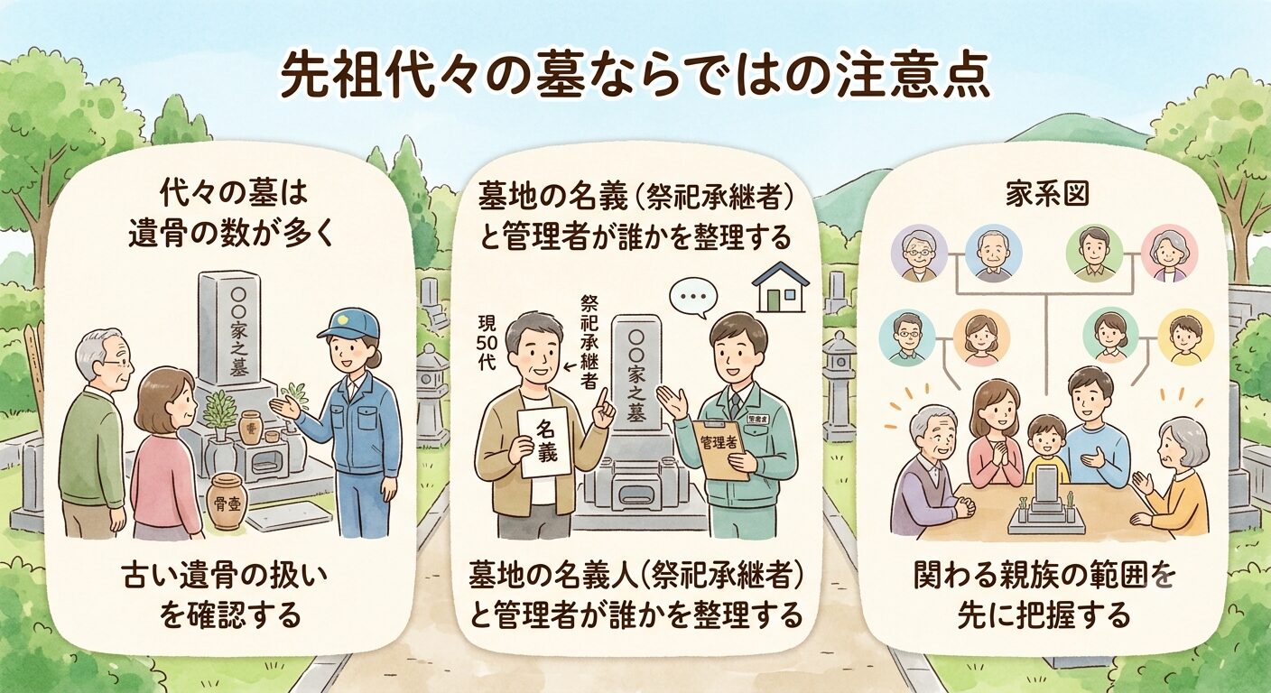 先祖代々の墓ならではの注意点として代々の墓は遺骨の数が多く古い遺骨の扱い・墓地の名義と管理者・関わる親族の範囲を先に確認すると伝えるイラスト