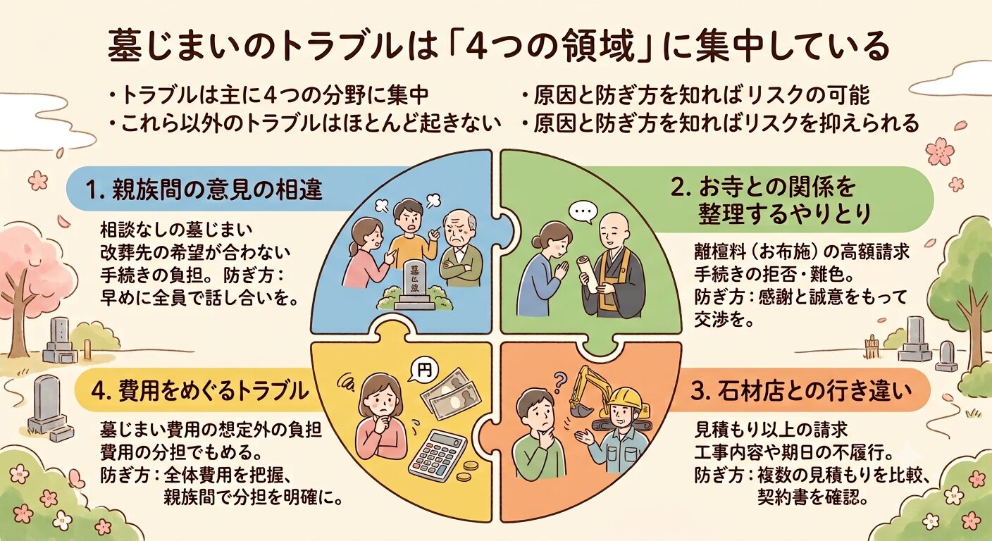 墓じまいのトラブルが集中する4つの領域を示した図解