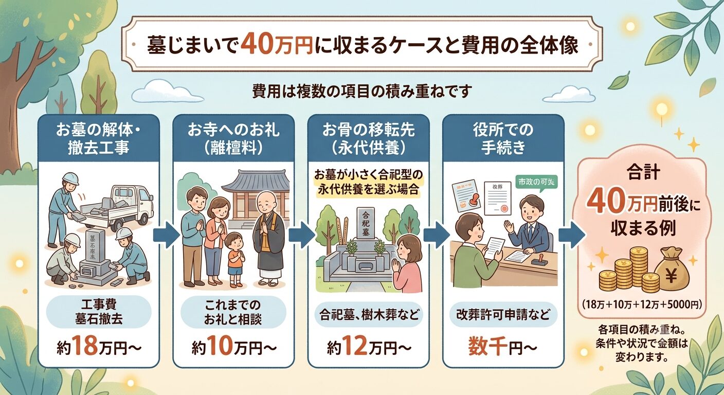 墓じまいの費用はお墓の取り壊し・お寺へのお礼（離檀料）・お骨の移転先（永代供養）・手続きの合計で、条件が整えば40万円前後に収まる場合があることを示した図解イラスト