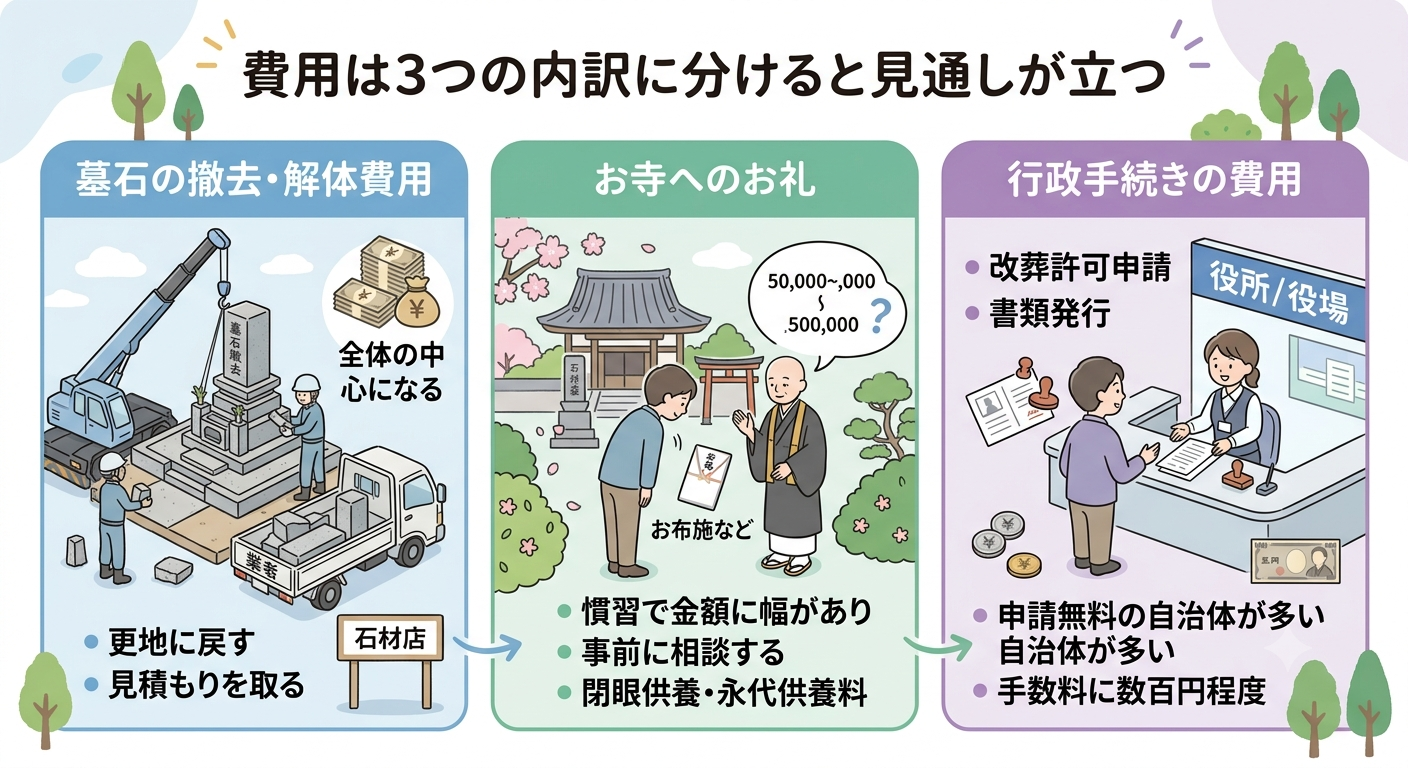 墓じまいで更地にする費用を、墓石の撤去・解体費用、お寺へのお礼、行政手続きの費用の3つに分けて示した図解イラスト