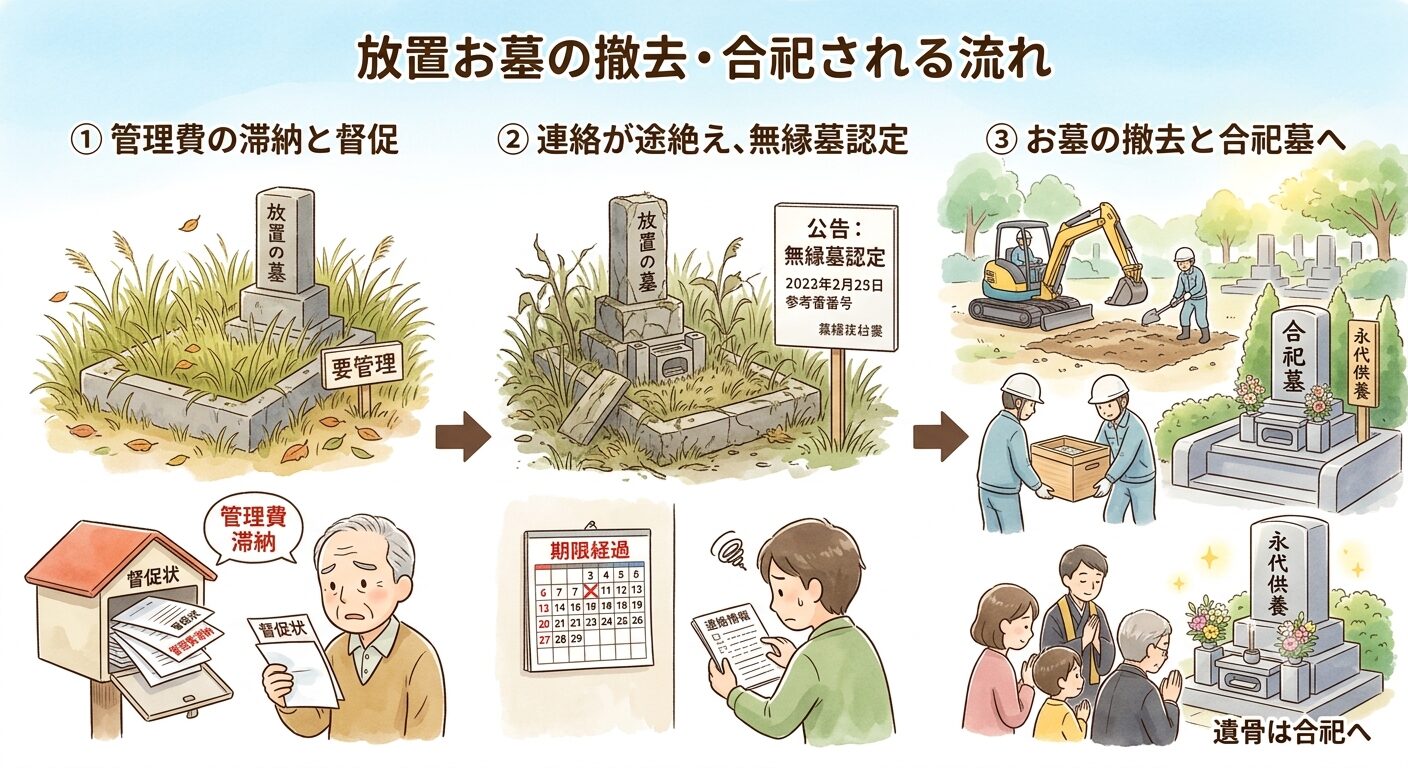 放置したお墓が撤去・合祀されるまでの流れを伝えるイラスト