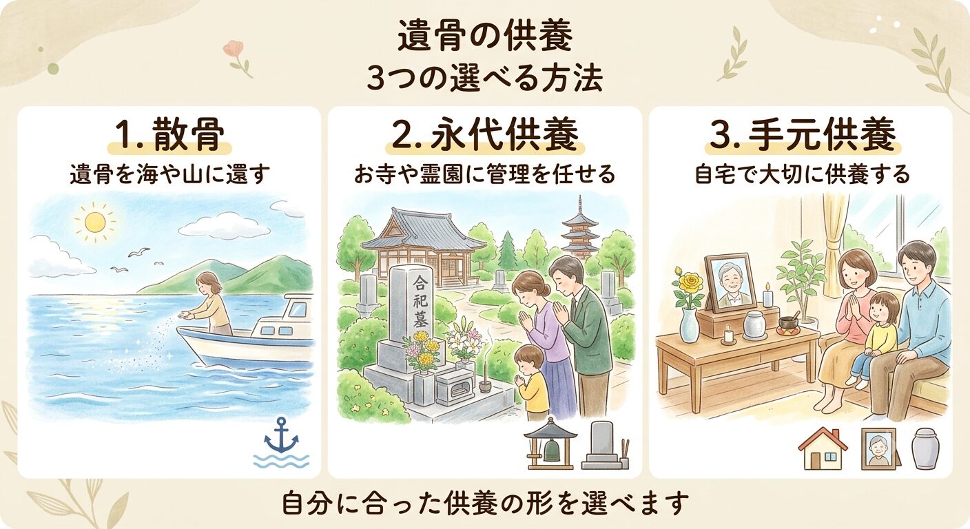 遺骨を手放す散骨・永代供養・手元供養の3つの方法を示すイラスト