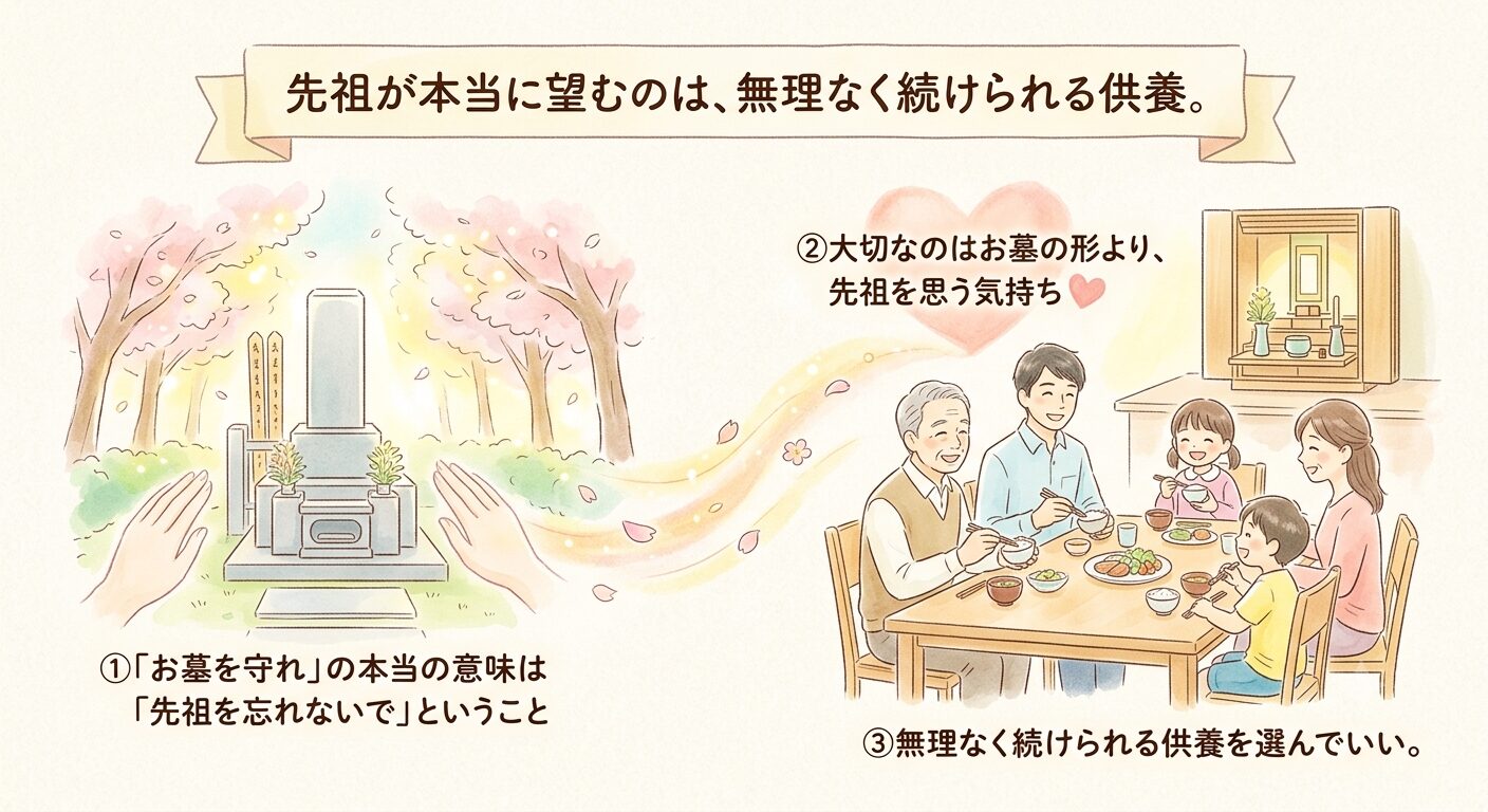 先祖が望むのは立派な墓より子孫が穏やかに暮らすことだと伝えるイラスト