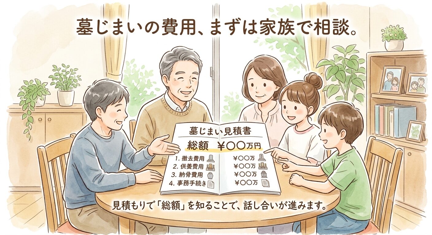 費用の総額と内訳を知ることが分担の出発点になると伝えるイラスト