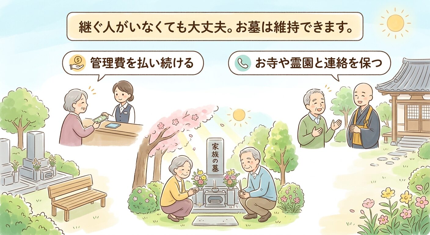 管理費を払い続けられればお墓は維持でき墓じまいは不要と伝えるイラスト