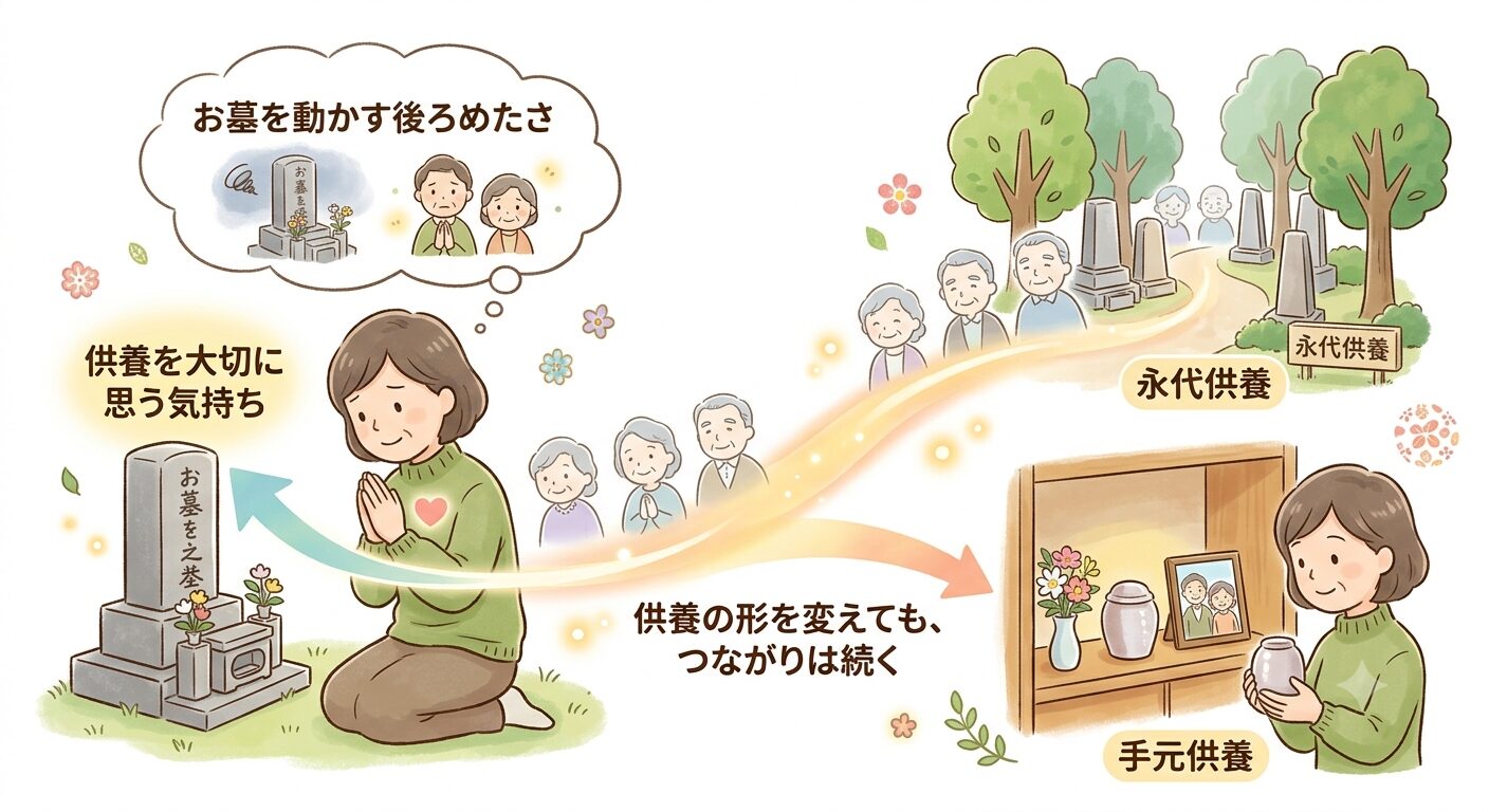 お墓を動かす後ろめたさは供養を大切に思う気持ちの表れで、永代供養や手元供養など供養の形を変えても先祖とのつながりは続くと示すイラスト